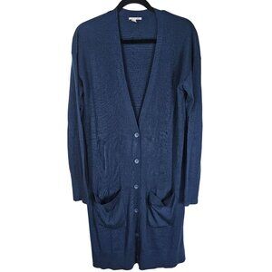 Halogen Merino Wool Blend Long Ribbed Cardigan L Teal Pockets Side Slits Relaxed